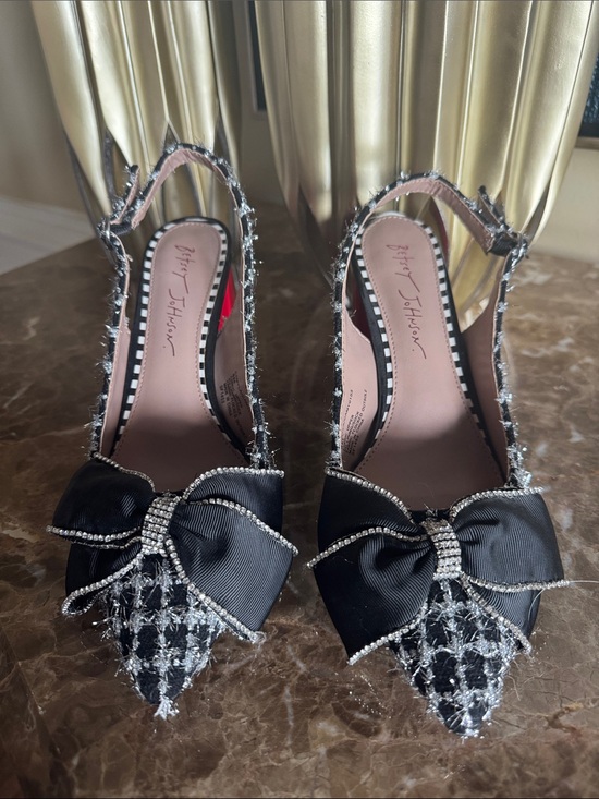 Betsey Johnson Shoes - Betsey Johnson Black Bow Pointed Slingback Heels with Rhinestone Trim